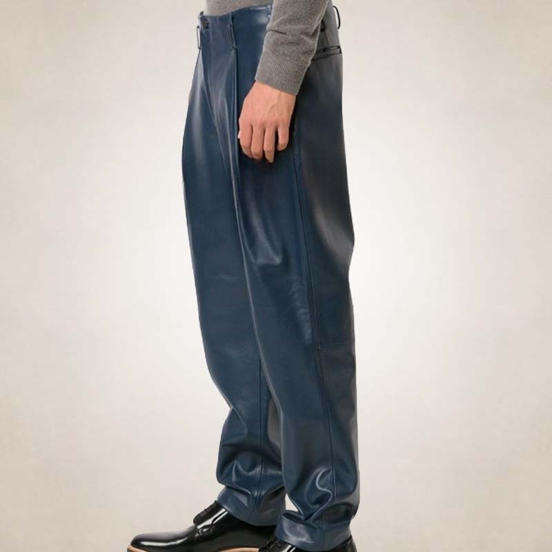 Men's Navy Blue Pleated Leather Pants