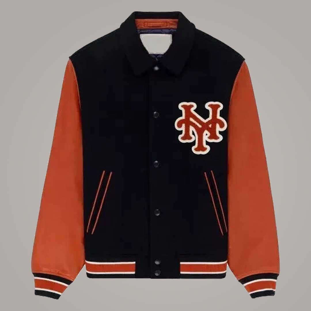 New York Mets Blue Wool and Orange Leather Varsity Jacket