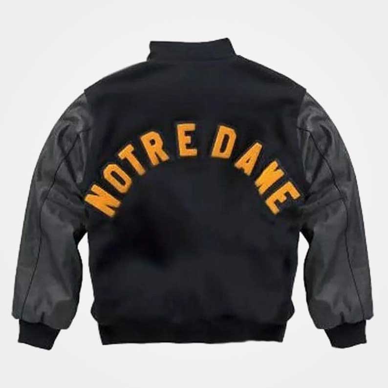Notre Dame varsity jacket featuring wool body and leather sleeves by Jackets Kingdom