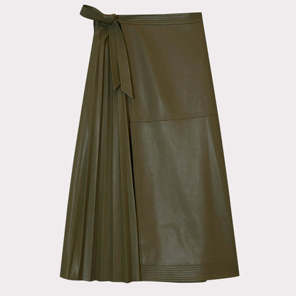 Olive Green Wrap-Style Women's Midi Leather Skirt - Trendy Elegance