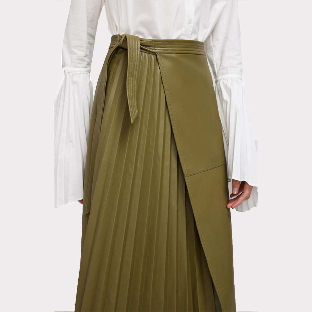 Olive Green Wrap-Style Midi Leather Skirt for Women