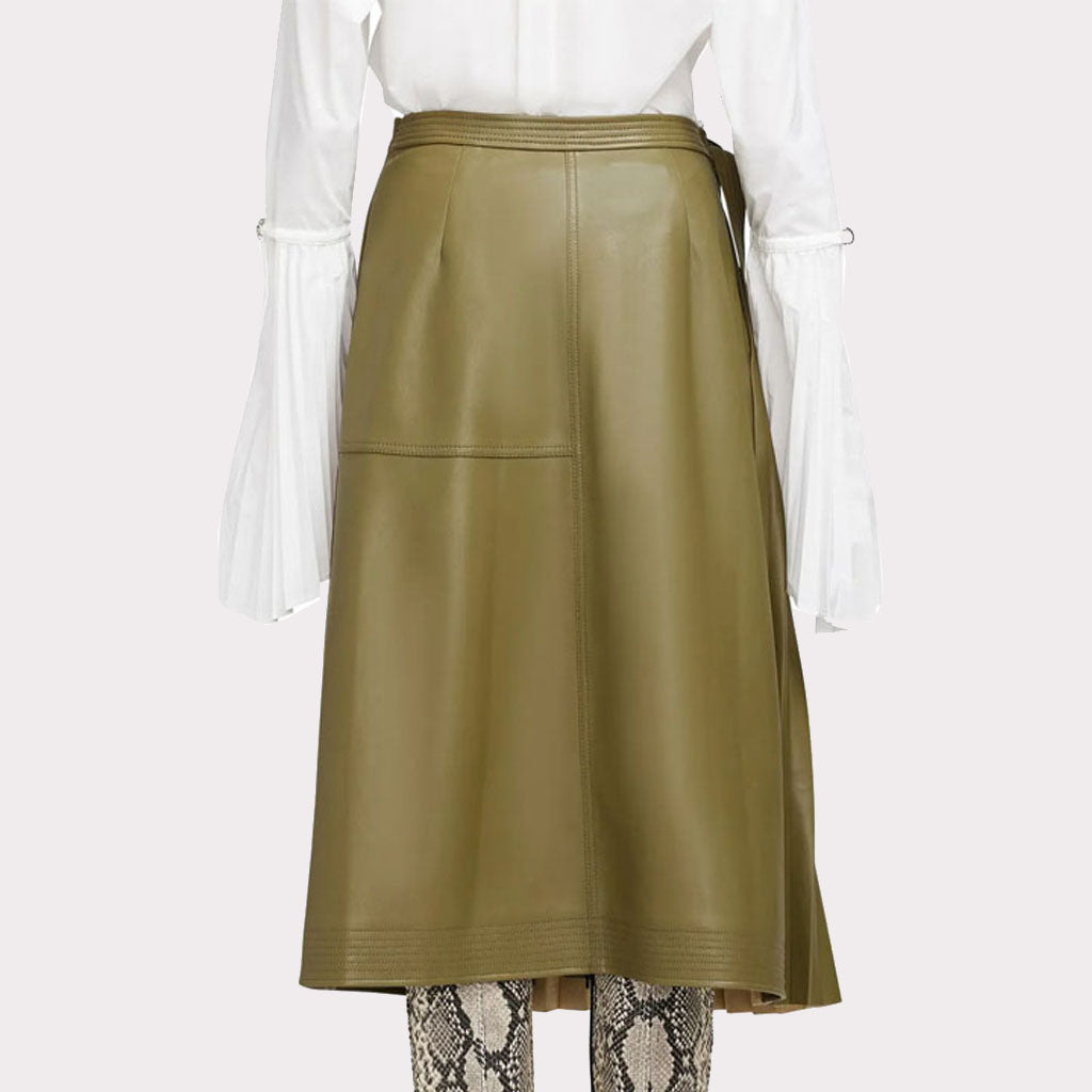 Olive Green Wrap-Style Midi Leather Skirt for Women