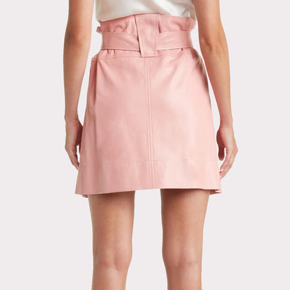 Pastel Pink Belted Mini Leather Skirt for Women