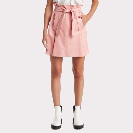 Pastel Pink Belted Mini Leather Skirt - Women's Fashion