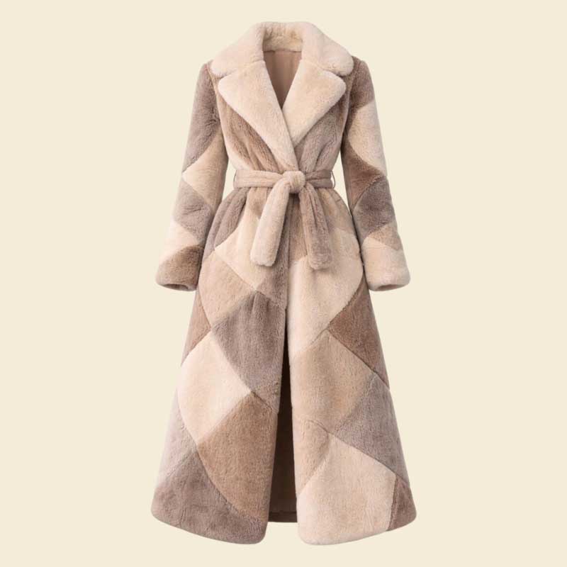 Patchwork Faux Fur Maxi Coat beige brown geometric design