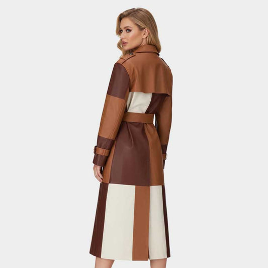 Patchwork leather trench coat featuring double breasted closure by Jackets Kingdom