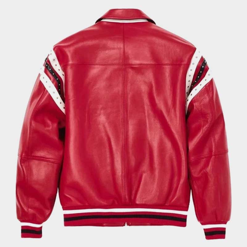 Pelle Pelle Red Encrusted Genuine Cowhide Leather Varsity Bomber Jacket for Men