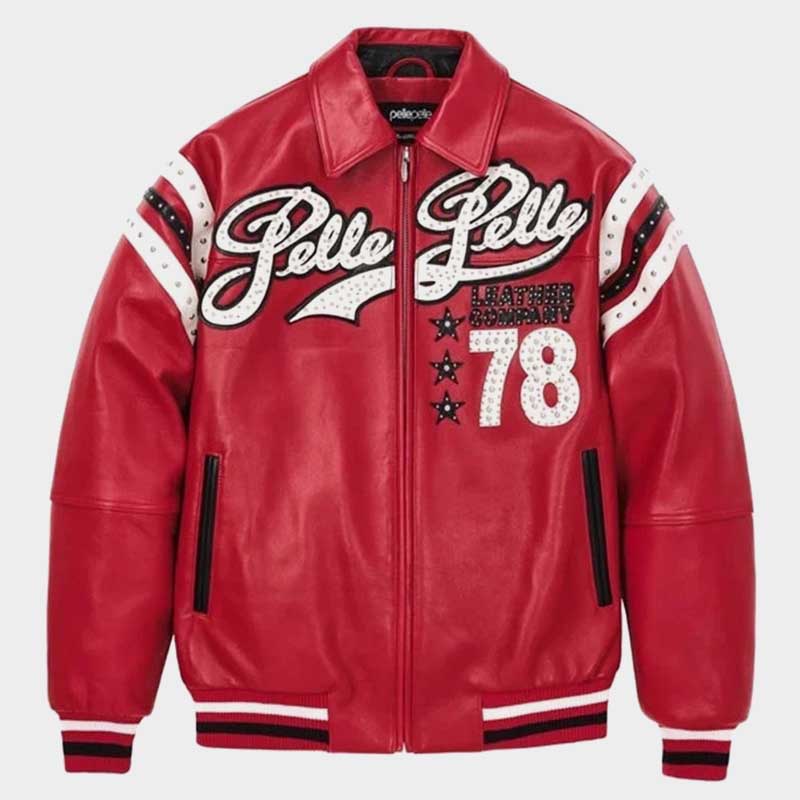 Pelle Pelle Red Encrusted Genuine Cowhide Leather Varsity Bomber Jacket for Men