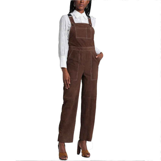 Perfect Brown Suede Leather Jumpsuit for Women