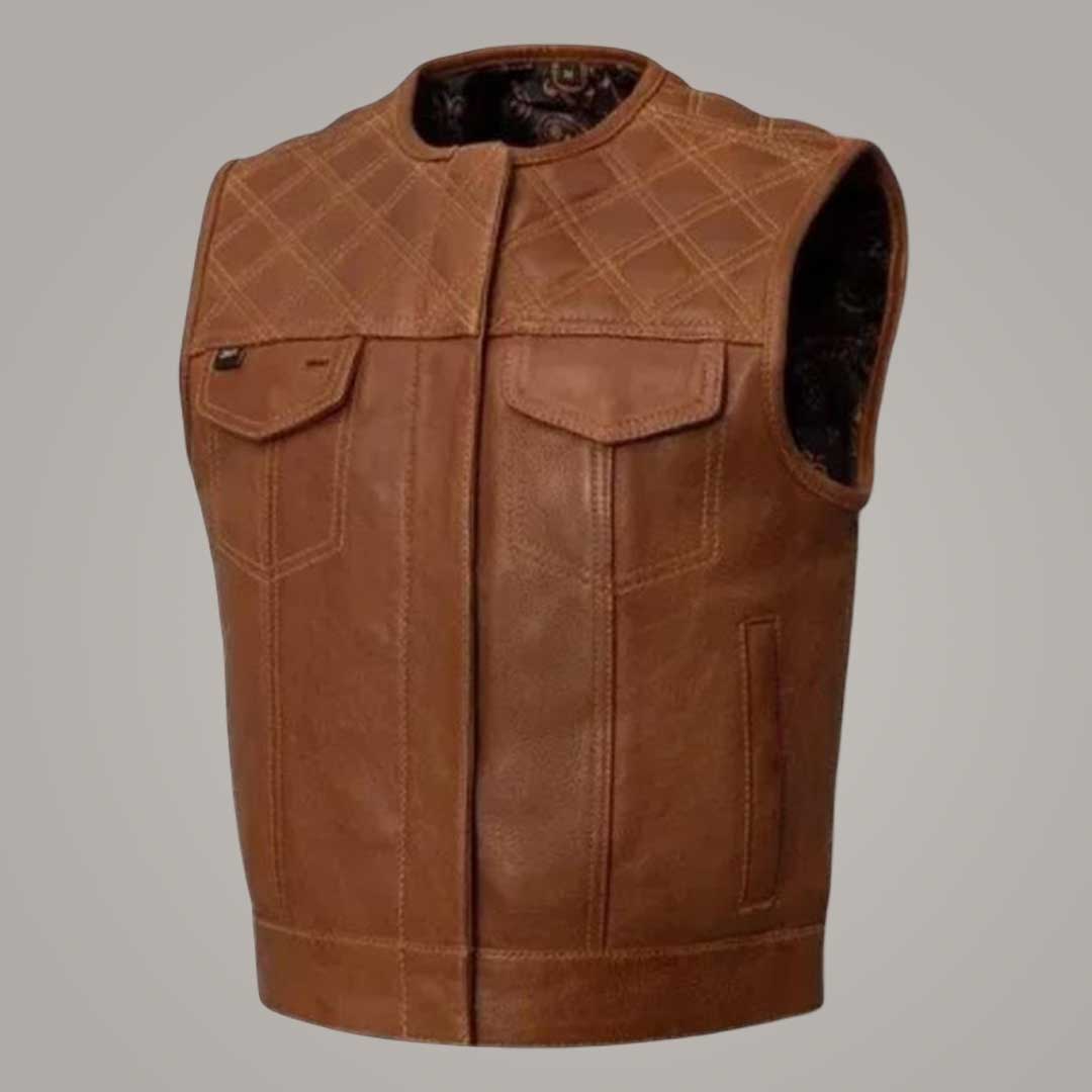 Men's Personalized Brown Leather Biker Vest Sleeveless
