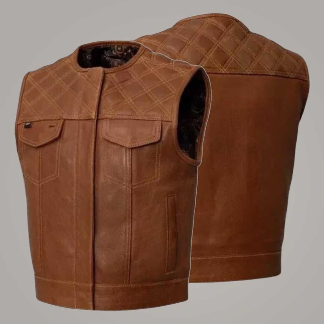 Men's Personalized Brown Leather Biker Vest Sleeveless