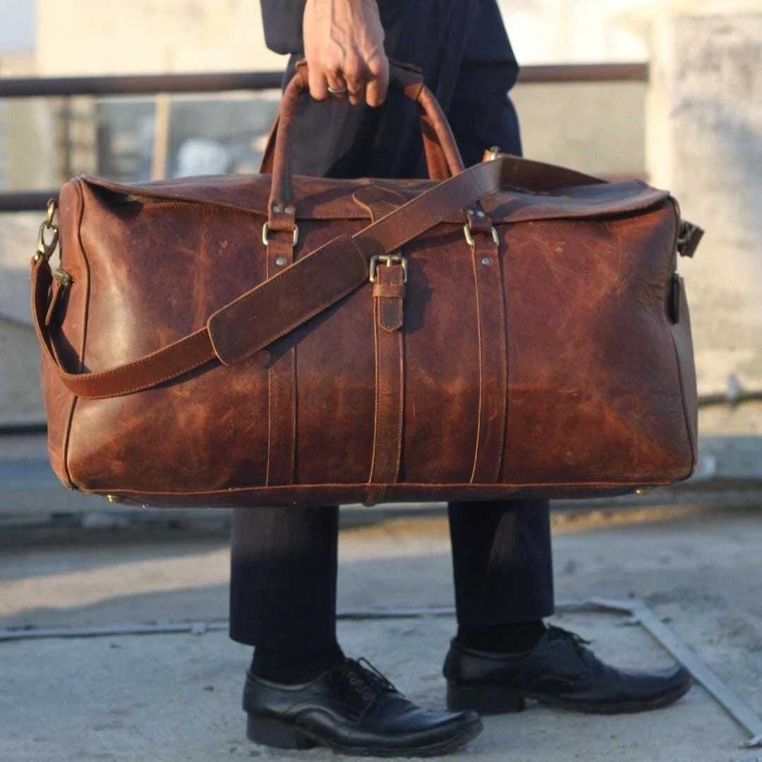 Personalized Brown Leather Duffle Travel Bag