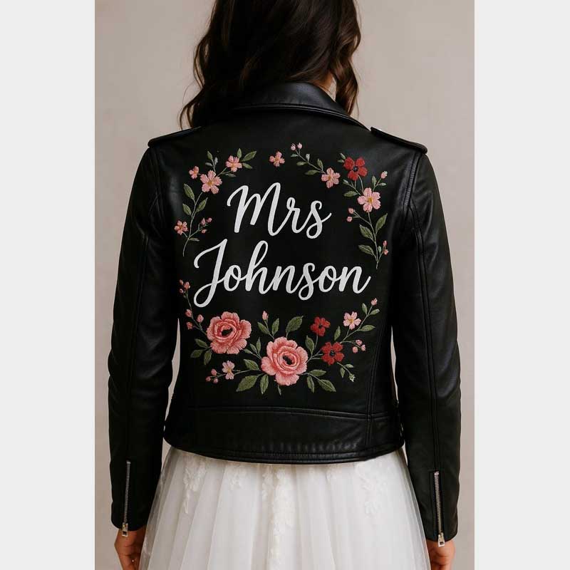 Personalized bridal leather jacket with custom floral embroidery and bride name text