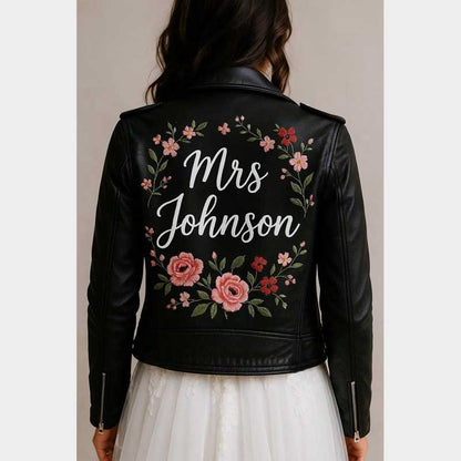 Personalized bridal leather jacket with custom floral embroidery and bride name text