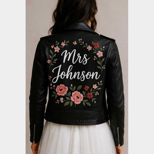 Personalized bridal leather jacket with custom floral embroidery and bride name text