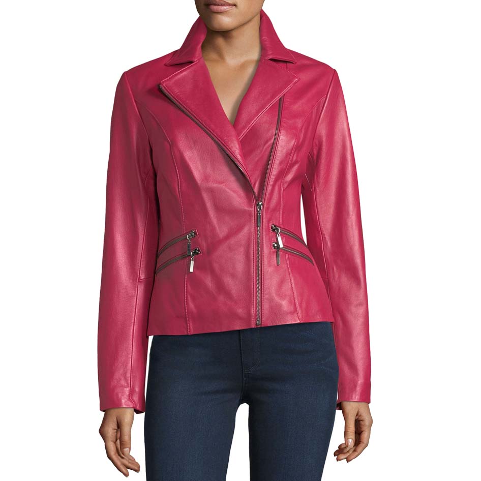 Pink Lambskin Women Biker Leather Jacket
