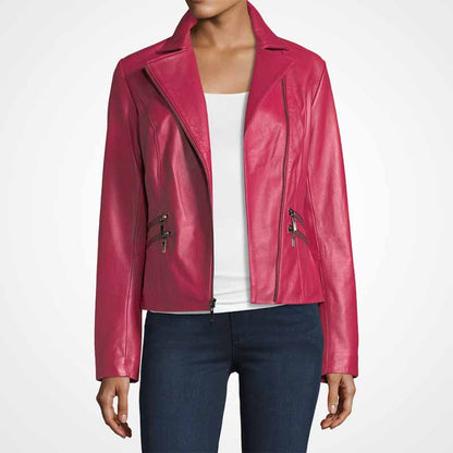 Pink Lambskin Women Biker Leather Jacket