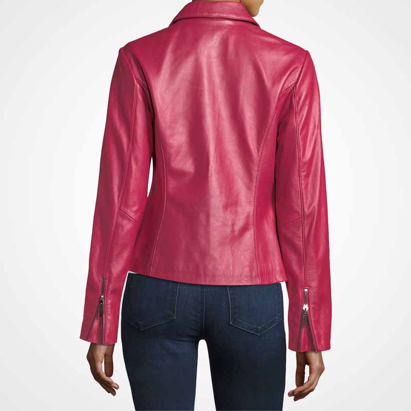 Pink Lambskin Women Biker Leather Jacket