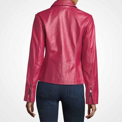 Pink Lambskin Women Biker Leather Jacket
