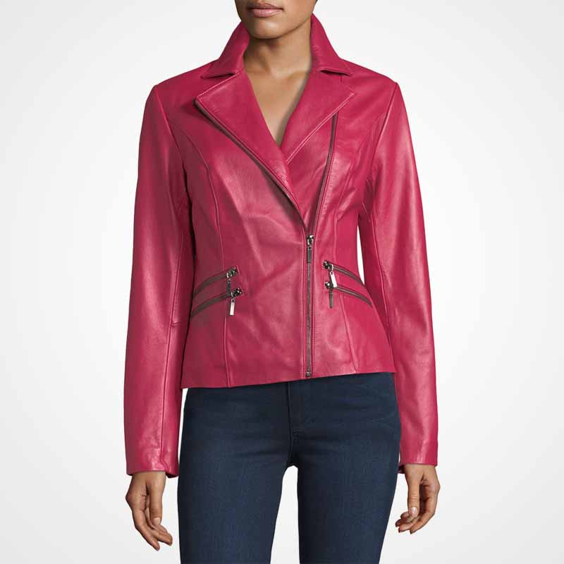 Pink Lambskin Women Biker Leather Jacket