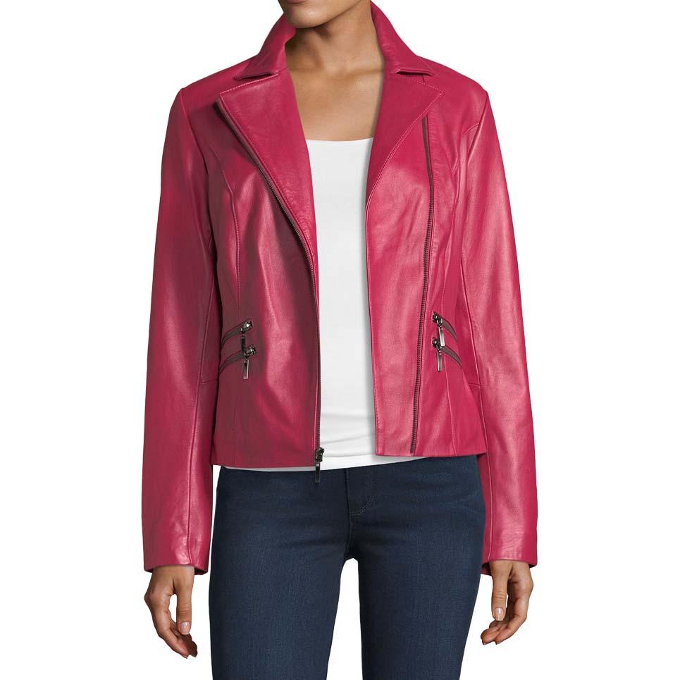 Pink Lambskin Women Biker Leather Jacket
