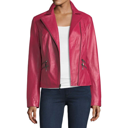 Pink Lambskin Women Biker Leather Jacket