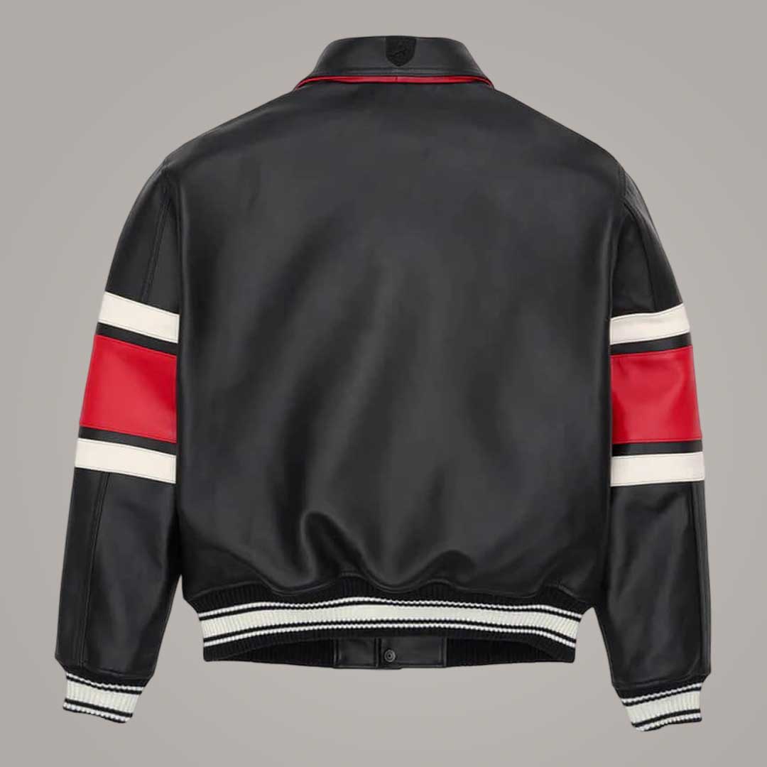 Premium Black Leather Varsity Jacket with Avirex Legend Patch Detailing by Jackets Kingdom