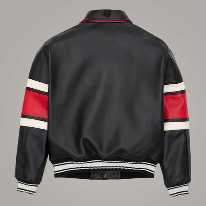 Premium Black Leather Varsity Jacket with Avirex Legend Patch Detailing by Jackets Kingdom