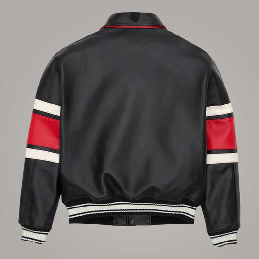 Premium Black Leather Varsity Jacket with Avirex Legend Patch Detailing by Jackets Kingdom