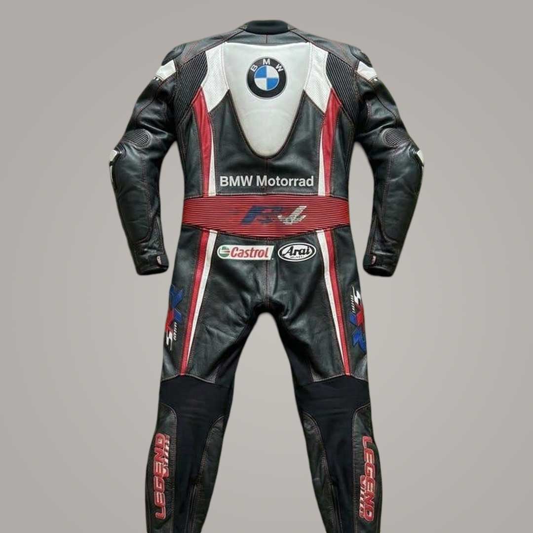Premium Cowhide BMW Racing Suit with Double Stitched Seams Close Up by Jackets Kingdom