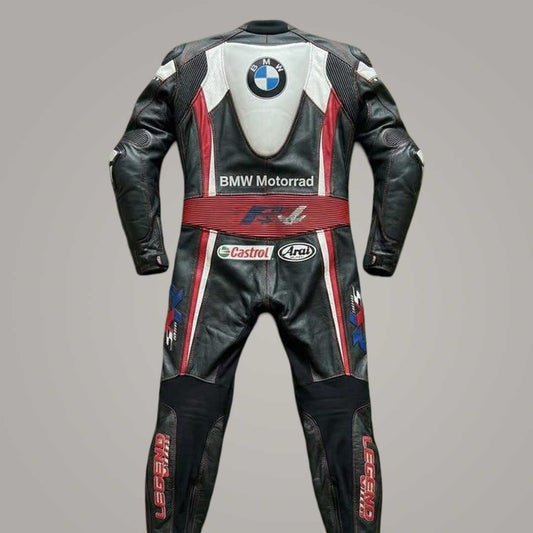Premium Cowhide BMW Racing Suit with Double Stitched Seams Close Up by Jackets Kingdom
