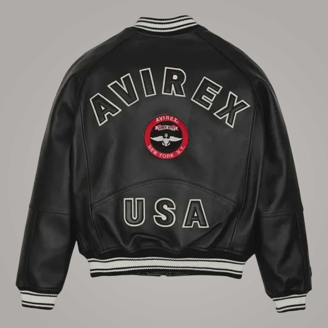Premium Leather Bomber with Rib Knit Cuffs and Signature Avirex Stadium Detailing by Jackets Kingdom