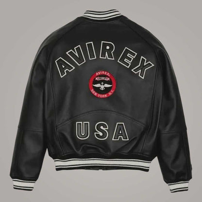 Premium Leather Bomber with Rib Knit Cuffs and Signature Avirex Stadium Detailing by Jackets Kingdom