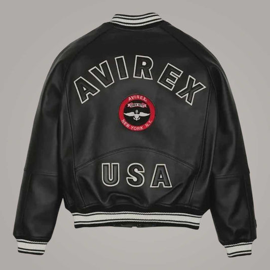 Premium Leather Bomber with Rib Knit Cuffs and Signature Avirex Stadium Detailing by Jackets Kingdom