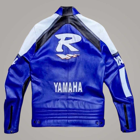 Premium Leather Sport Biker Jacket with Contrast Racing Panels and Yamaha Graphics by Jackets Kingdom