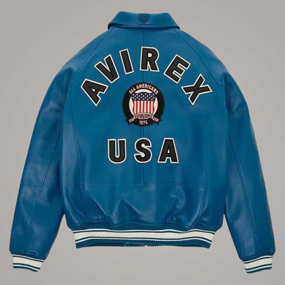 Premium Teal Avirex Varsity Genuine Leather Bomber Jacket with Logo by Jackets Kingdom