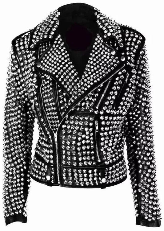 Premium Womens Gothic Punk Silver Studded Leather Jacket in Black