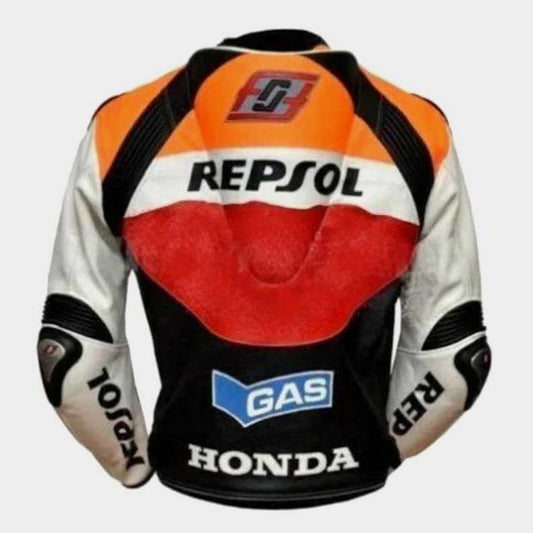Premium armored motorcycle jacket featuring Repsol racing colors and logos by Jackets Kingdom