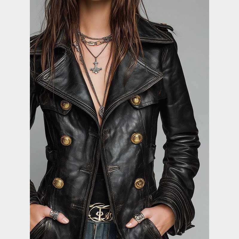 Premium black leather coat featuring military style design and structured feminine fit