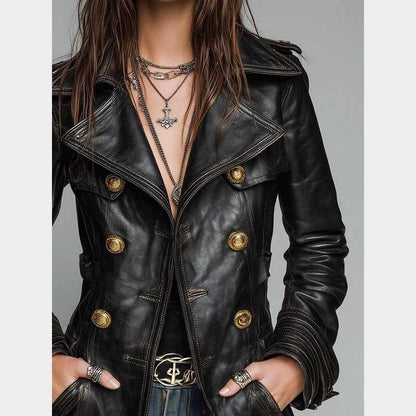 Premium black leather coat featuring military style design and structured feminine fit