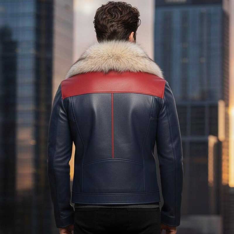 Premium blue leather winter coat featuring plush shearling fleece lining and buckle details