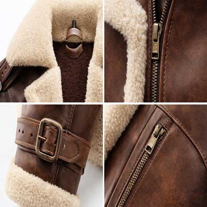 Premium brown leather aviator jacket front zip style