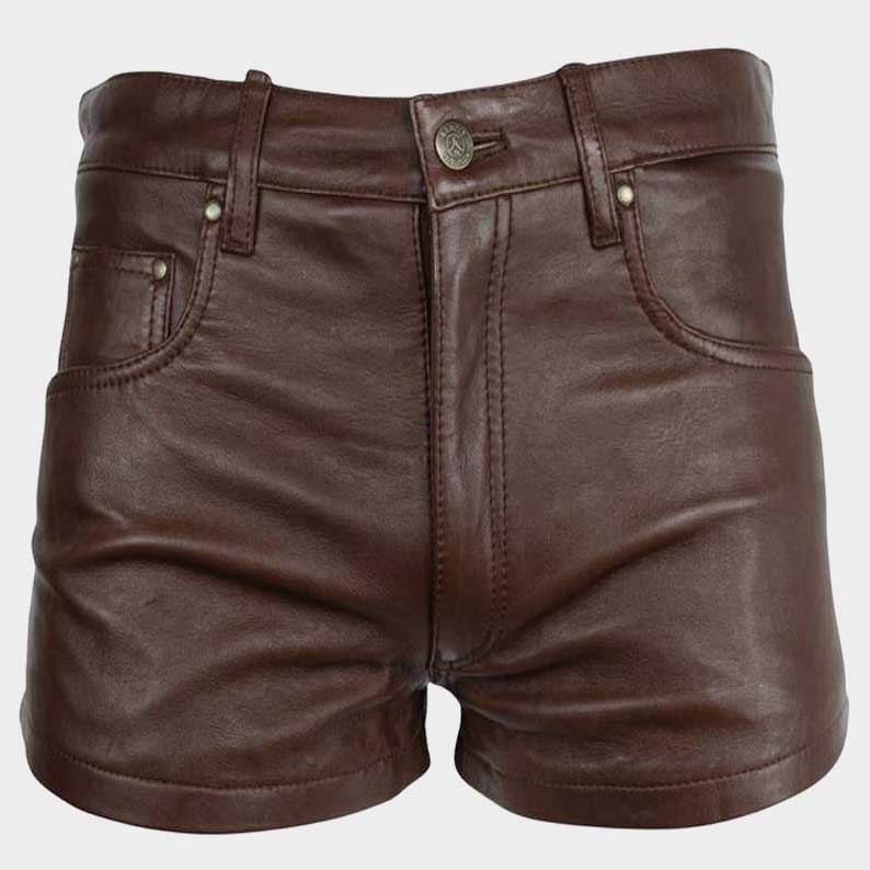 Premium cowhide leather shorts in brown with tailored slim fit design by Jackets Kingdom
