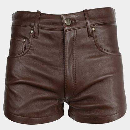 Premium cowhide leather shorts in brown with tailored slim fit design by Jackets Kingdom