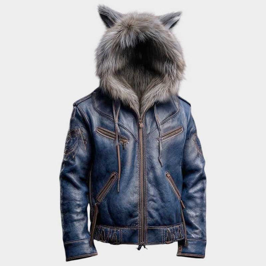 Premium dark blue leather biker jacket featuring fur hooded design with wolf ear detailing
