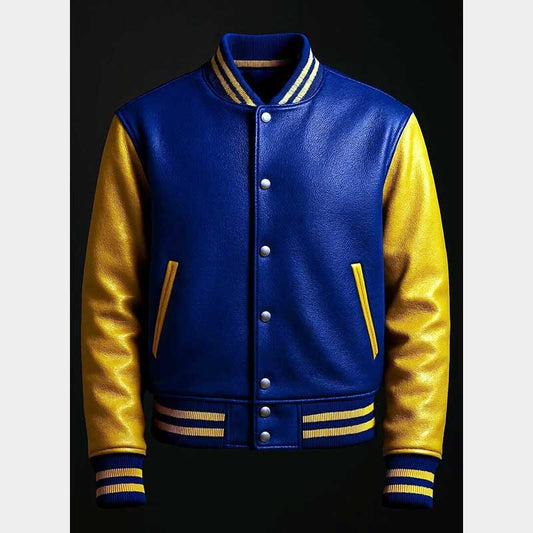Premium full-grain leather bomber featuring royal blue body and contrasting yellow sleeves