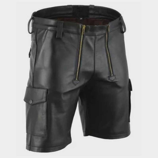 Premium full grain sheep leather utility shorts for men in classic black by Jackets Kingdom