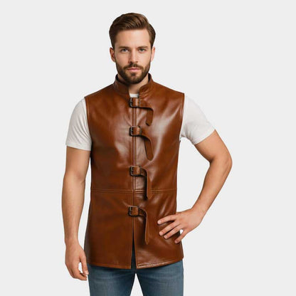 Premium genuine leather waistcoat with steampunk buckle details by Jackets Kingdom