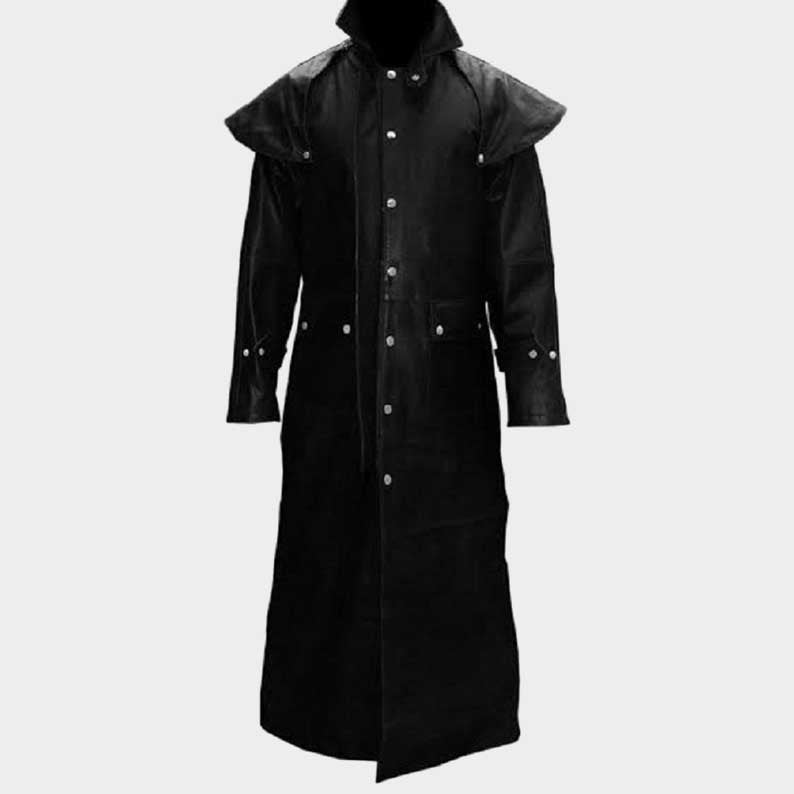 Premium gothic black leather trench coat for steampunk costumes and conventions by Jackets Kingdom