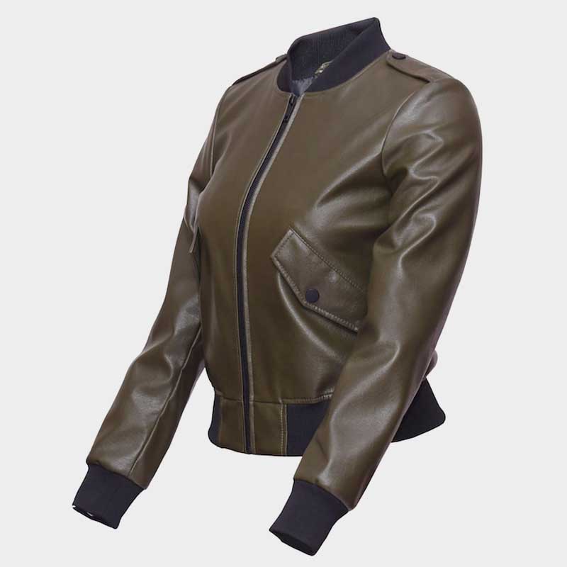 Premium lambskin leather biker jacket in olive color with black ribbed cuffs by Jackets Kingdom
